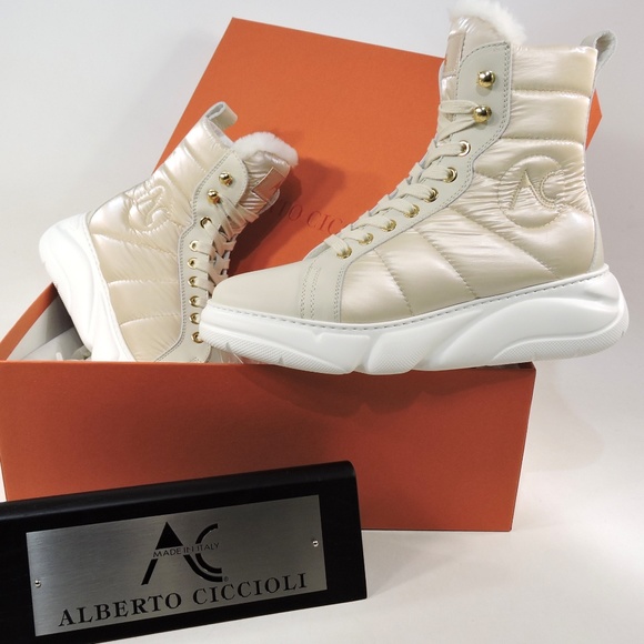 ALBERTO CICCIOLI 🇮🇹 WOMEN'S OFF WHITE LEATHER WINTER FASHION ANKLE BOOTS - Picture 8 of 9